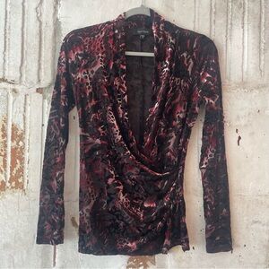 90s Y2K Velvet Burnout Animal Print Sheer Blouse Wrap Long Sleeve Top XS S M